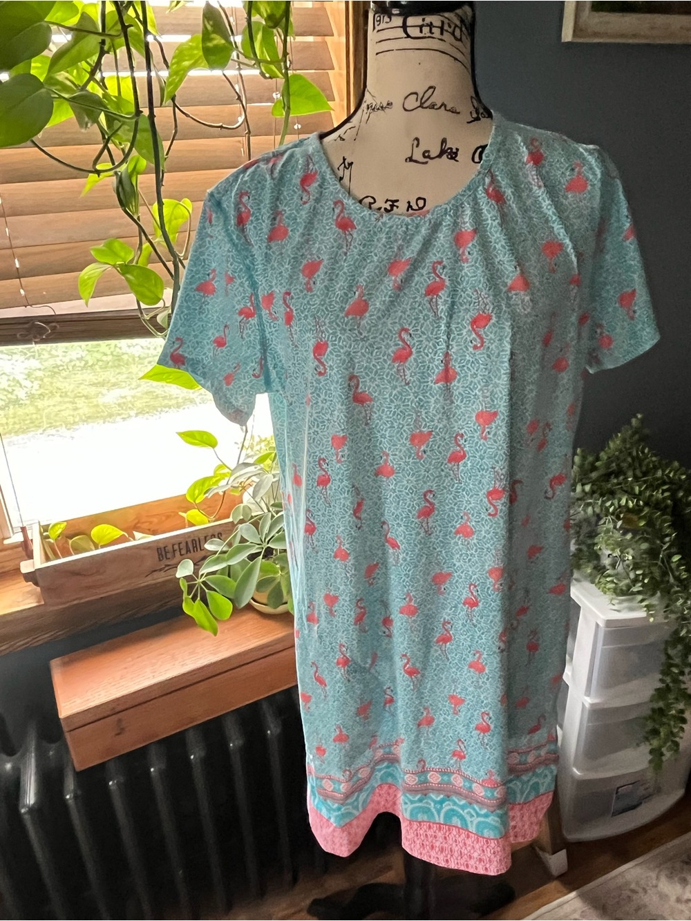 Women's Cabana Life Flamingo Print Short Sleeve Shift Dress Aqua Pink XLarge EUC